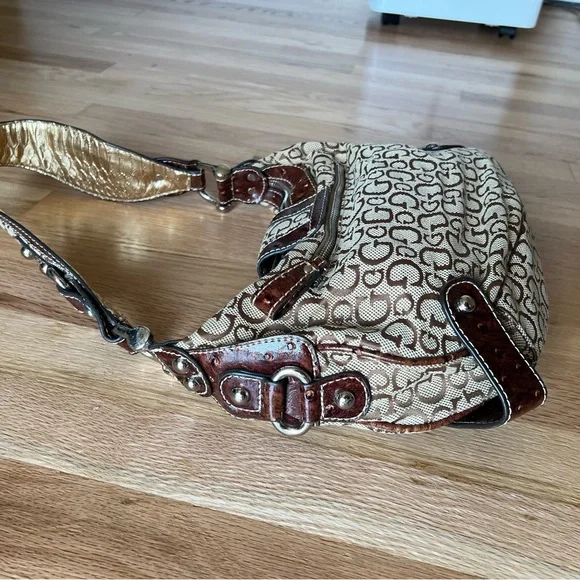 Guess Brown & Tan Shoulder Bag Y2K Linen Handbag - Picture 5 of 15